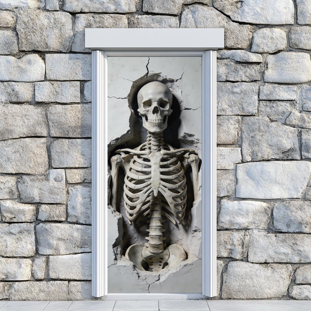 arricraft 2 Pcs 3D Self-Adhesive Door Sticker, 31.5"x78.7" Broken Wall Skeleton Decorations Door Murals Stickers PVC Removable Wallpaper Decoration for Bedrooms Living Room