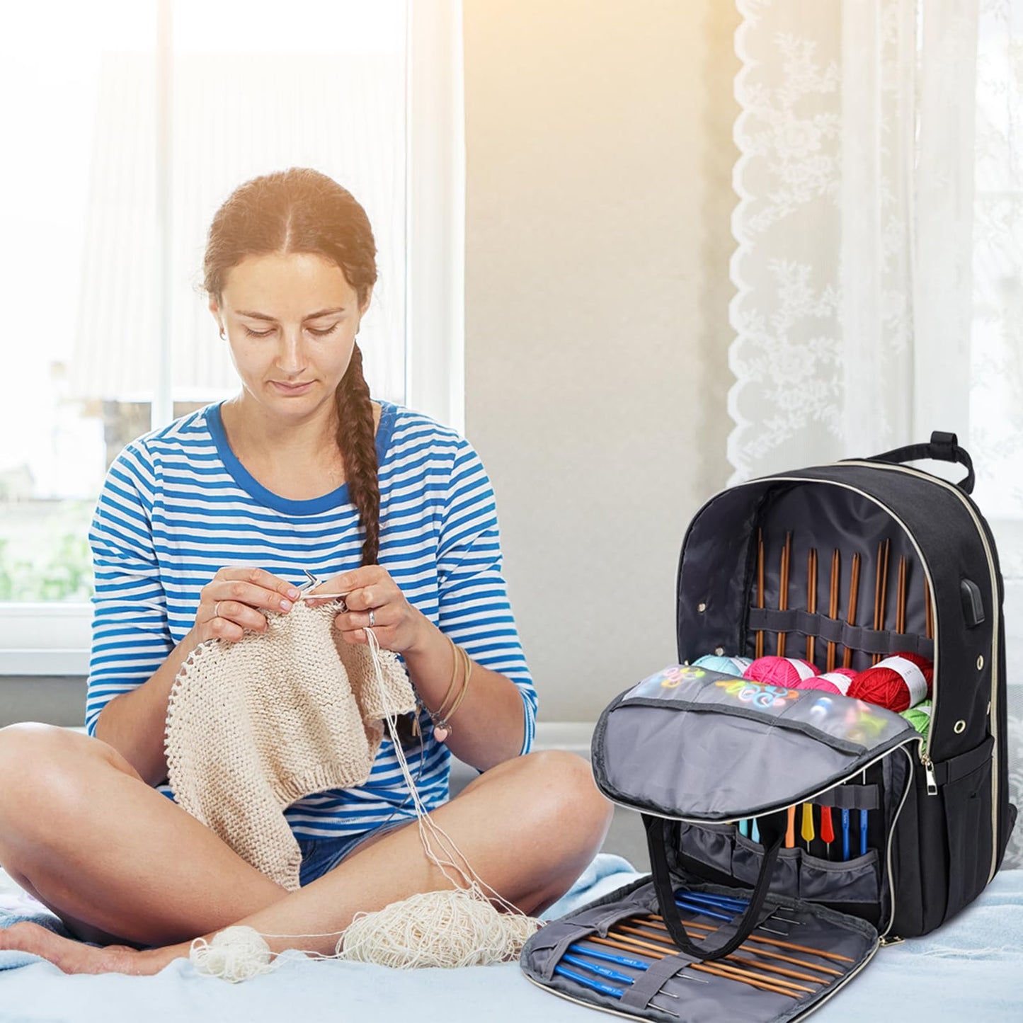 kadilong Knitting Bag Crochet Backpack for Crocheters,Yarn Organizer Storage for Knitters Travel,Large Capacity Crochet Bag Yarn Storage Tote Bag with USB Port Knitting Gifts for Women