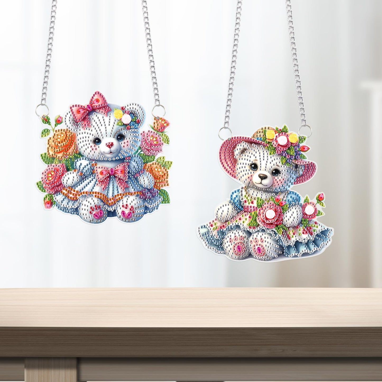 2 Pcs Diamond Painting Hanging Ornaments – Cute Teddy Bear Doll Design with Floral Patterns, DIY Acrylic Craft Kit for Home Decoration, Gifts & Crafts