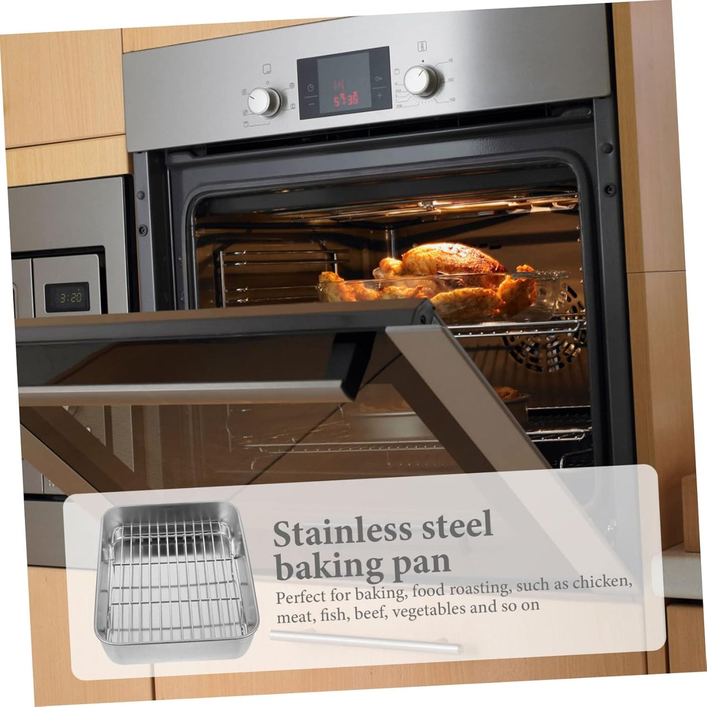 PRETYZOOM Grill Pan Set with Lid, Baking Pan with Roasting Rack, Metal Baking Tray for BBQ Grills