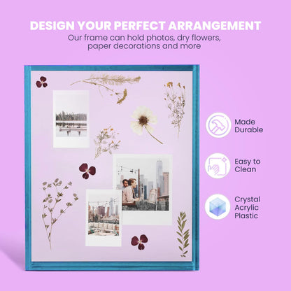 Elil 5x7 Acrylic Picture Frame – Blue Floating Polaroid Fujifilm Instax Display 8.3" x 7.6" Holds 5x7 Photo or 6 Mini or Go Print Double-Sided Collage for Desk Wedding Anniversary Graduation