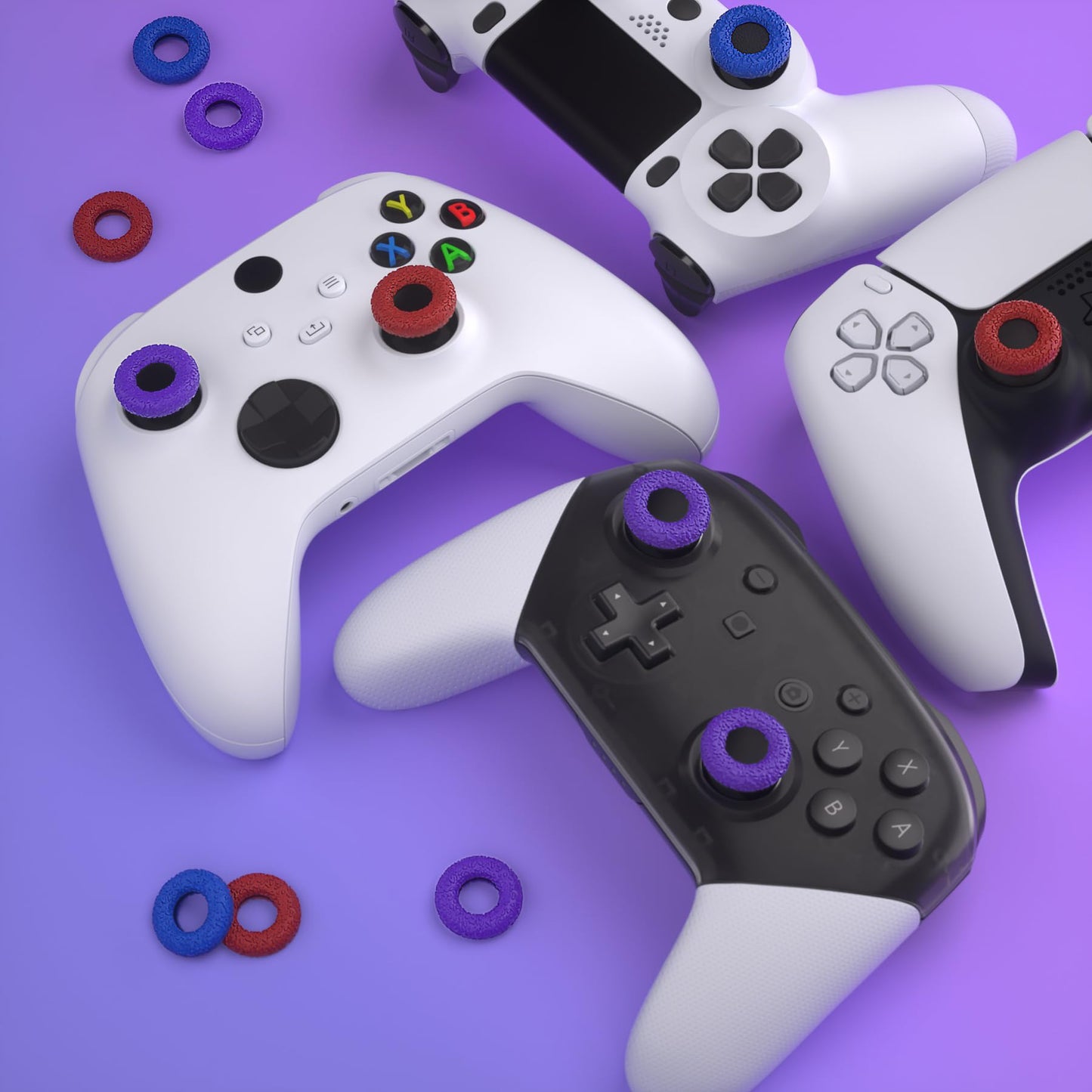 PlayVital 3 Pairs Donut Design Silicone Thumbstick Rings for ps5/4, for Xbox Series X/S, for Xbox One/Elite Series 2 Core, for Switch Pro, Universal Anti Slip Thumb Grips Rings - Red & Blue & Purple