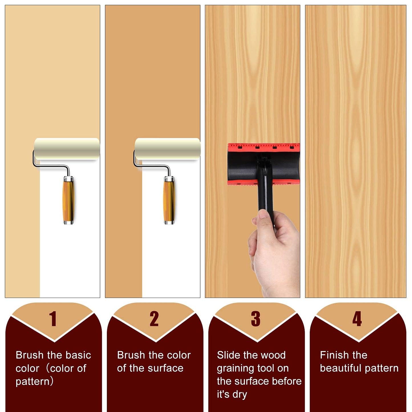 Honoson Set of 3 Wood Graining Tool Wood Graining Painting Tool Set DIY Texture Rubber Empaistic Roller for Household Wall Room Art Paint Decoration