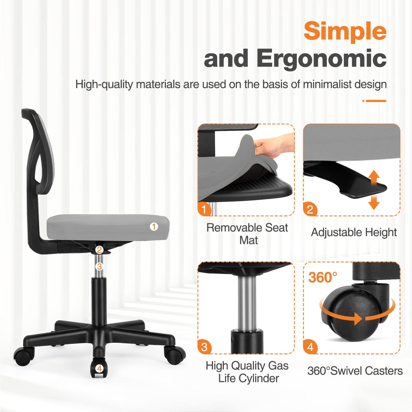 Sweetcrispy Office Computer Desk Chair, Ergonomic Low-Back Mesh Rolling Work Swivel Chairs with Wheels, Armless Comfortable Seat Lumbar Support for Home, Bedroom, Study, Student, Adults, Grey