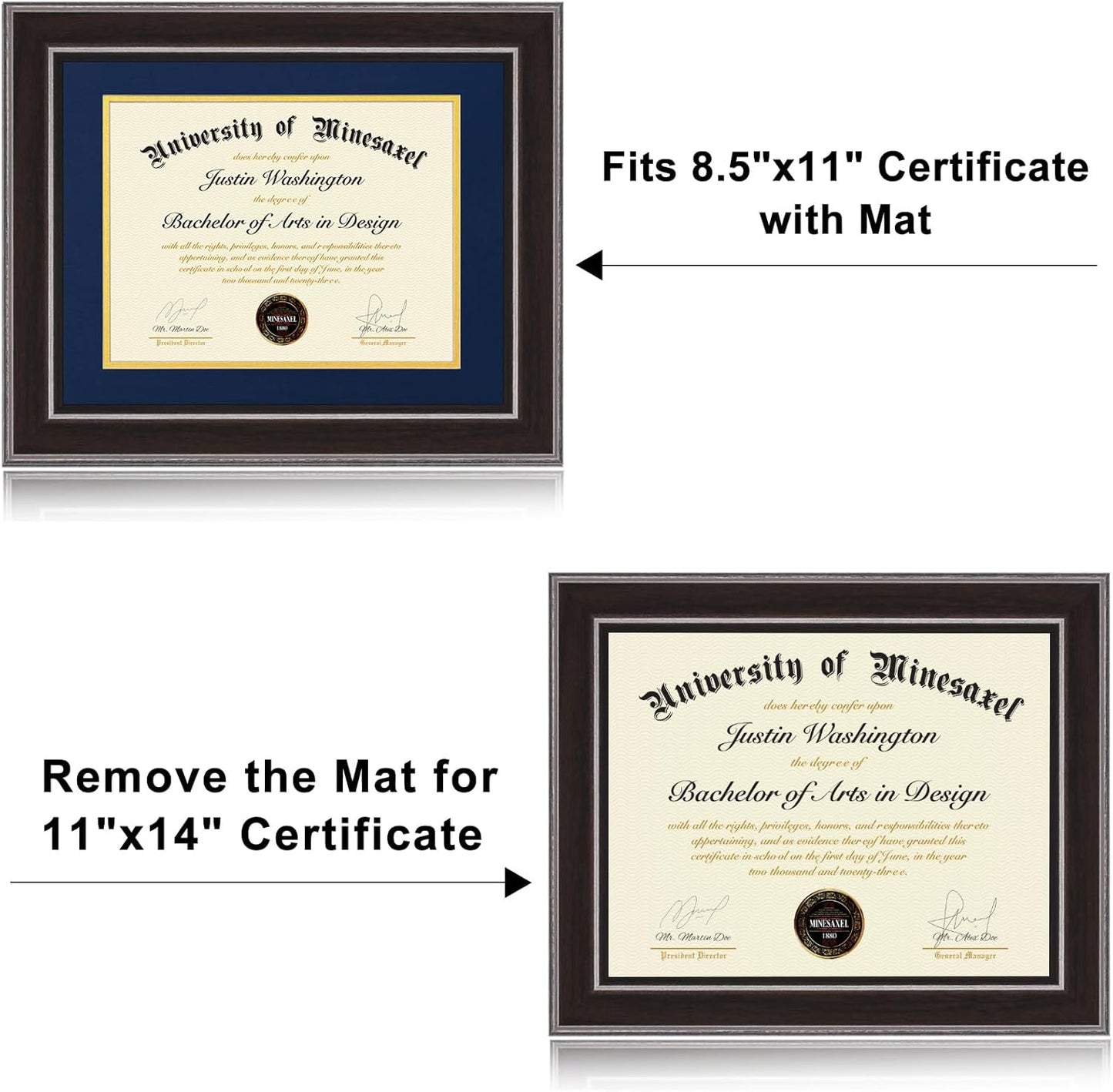 11x14 8.5x11 14 11 Diploma Frames with Blue Mat, Fits Degree Certificate Document, x Walnut Color Frame with Plexiglass