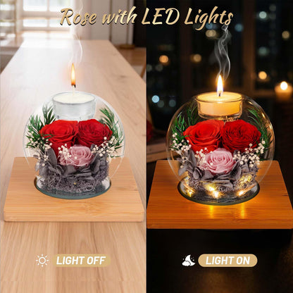 Preserved Colorful Real Rose in Glass with Scented Candles–– Forever Flower Romantic Anniversary Christmas Birthday Valentines Mothers Day Gifts for Mom, Women, Wife, Girlfriend, Her, Grandma
