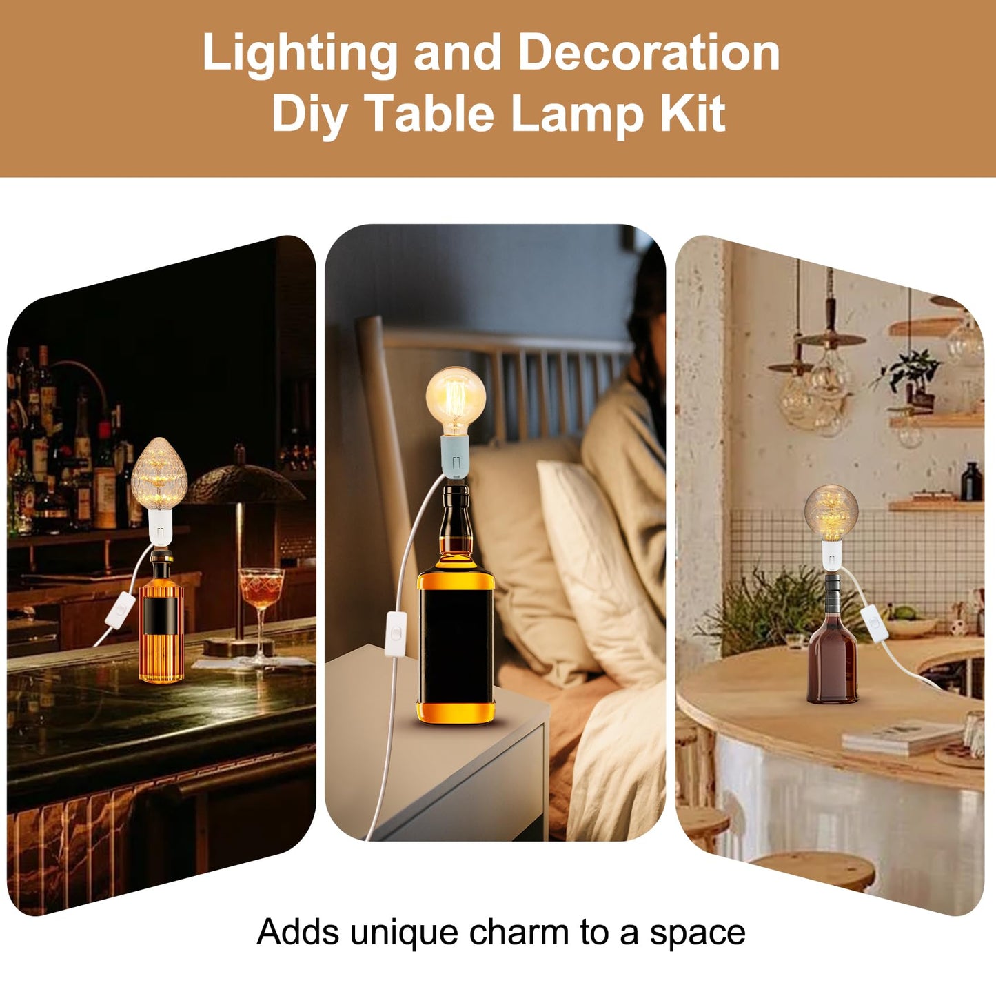 2 Pack Bottle Lamp Kits, 240cm Wine Bottle Table Lamp, DIY Lamp Fittings Kit for Table Lamp with E26/E27 to B22 Converter 3 Sizes of Corks No Drilling (No Bulb)