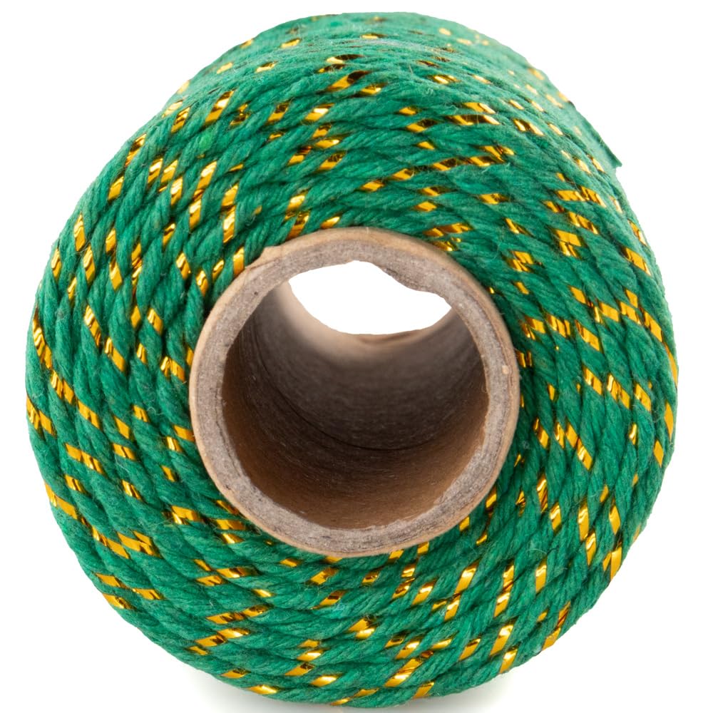 Craft County Decorative Holiday Cotton Gift Wrapping Twine – Gold Wire Green (100M Tube)