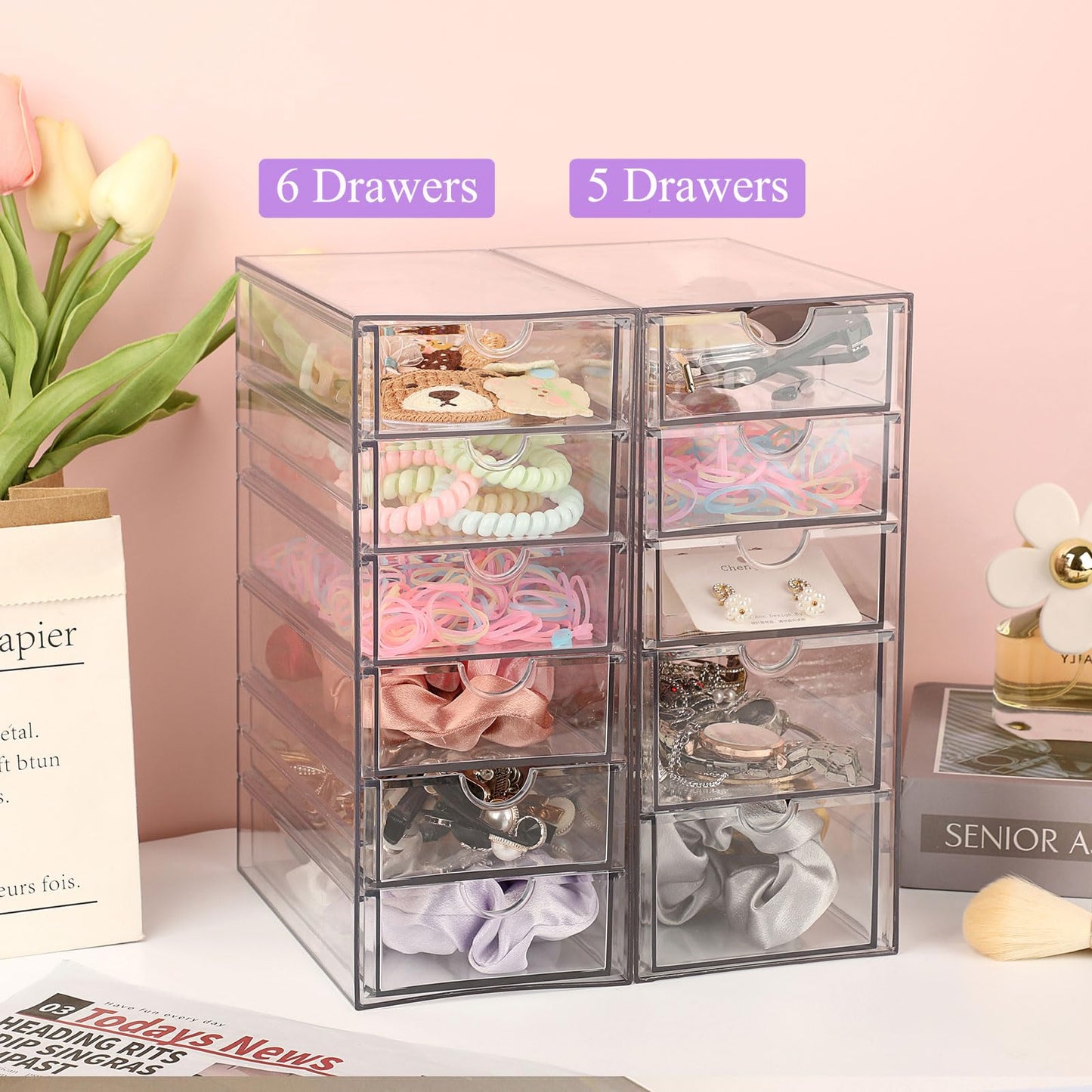Hipiwe Plastic Drawer Organizer Clear Desktop Drawers Box with 6 Pull Out Drawer Compact Storage Box for Cabinet Vanity Bathroom Bedroom Pantry Shelf Office Closet Organization