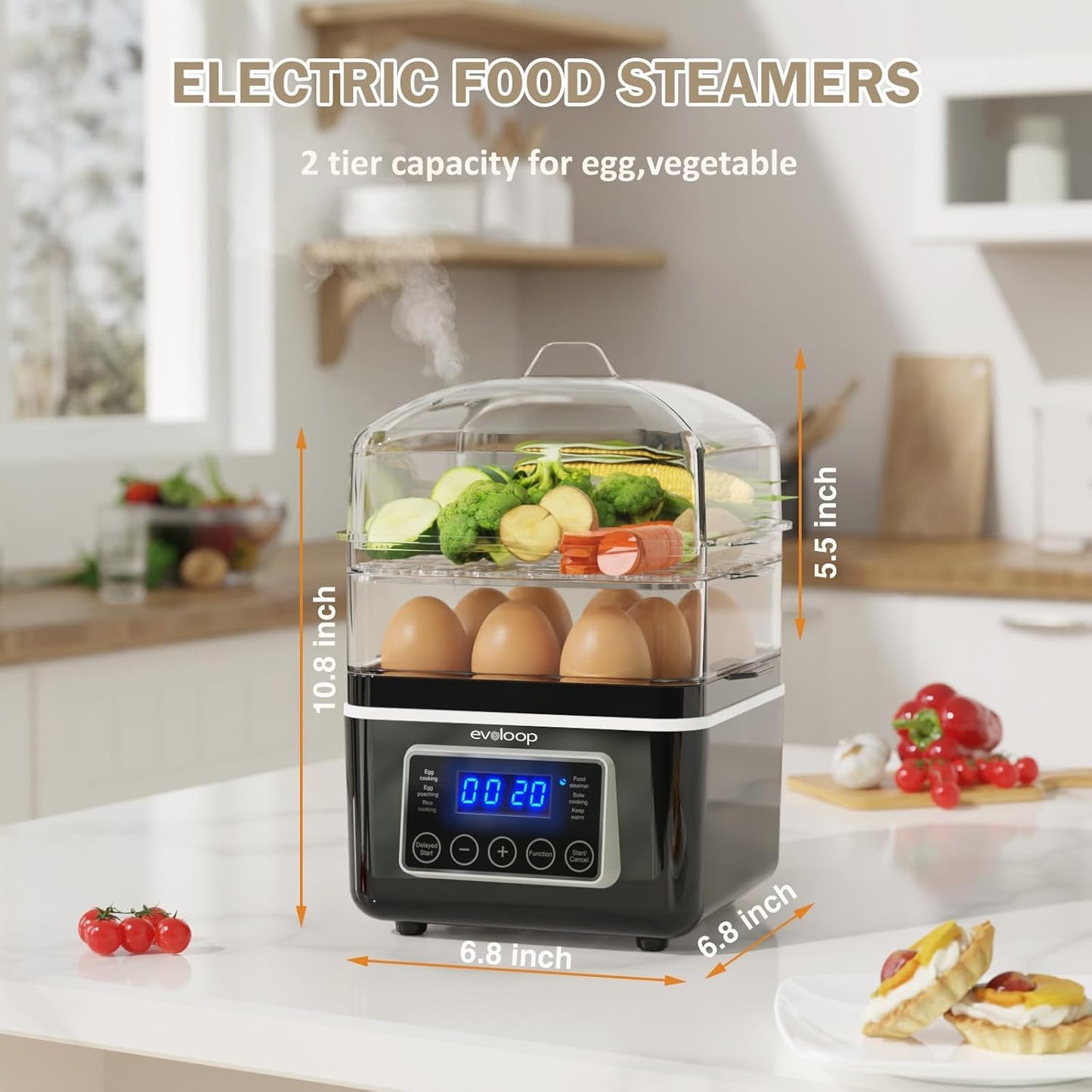 Skiennix 4 QT Electric Food Steamer - 2 Tiers, BPA-Free Stackable Baskets, Auto Shut-Off | Ideal for Veggies, Seafood, Rice