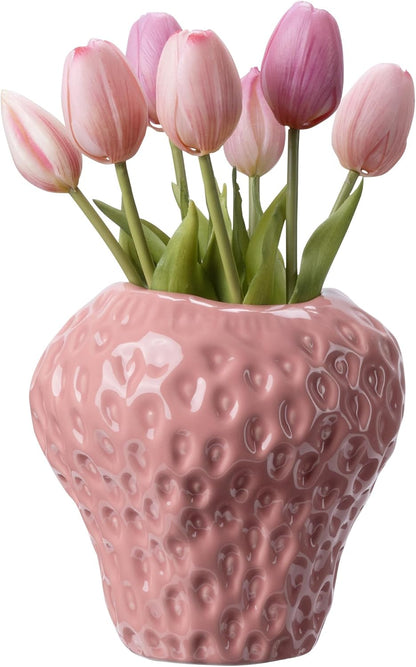 Navaris Strawberry Vase - Funky Ceramic Vase in Pink - Decorative Bookshelf Vases for Flowers - Unique Dopamine Decor