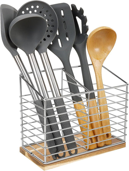 Utensil Holder for Kitchen Counter, Metal Rack for Cooking Tools Storage, Sturdy Base with Drainage Hole (Chrome Wooden)