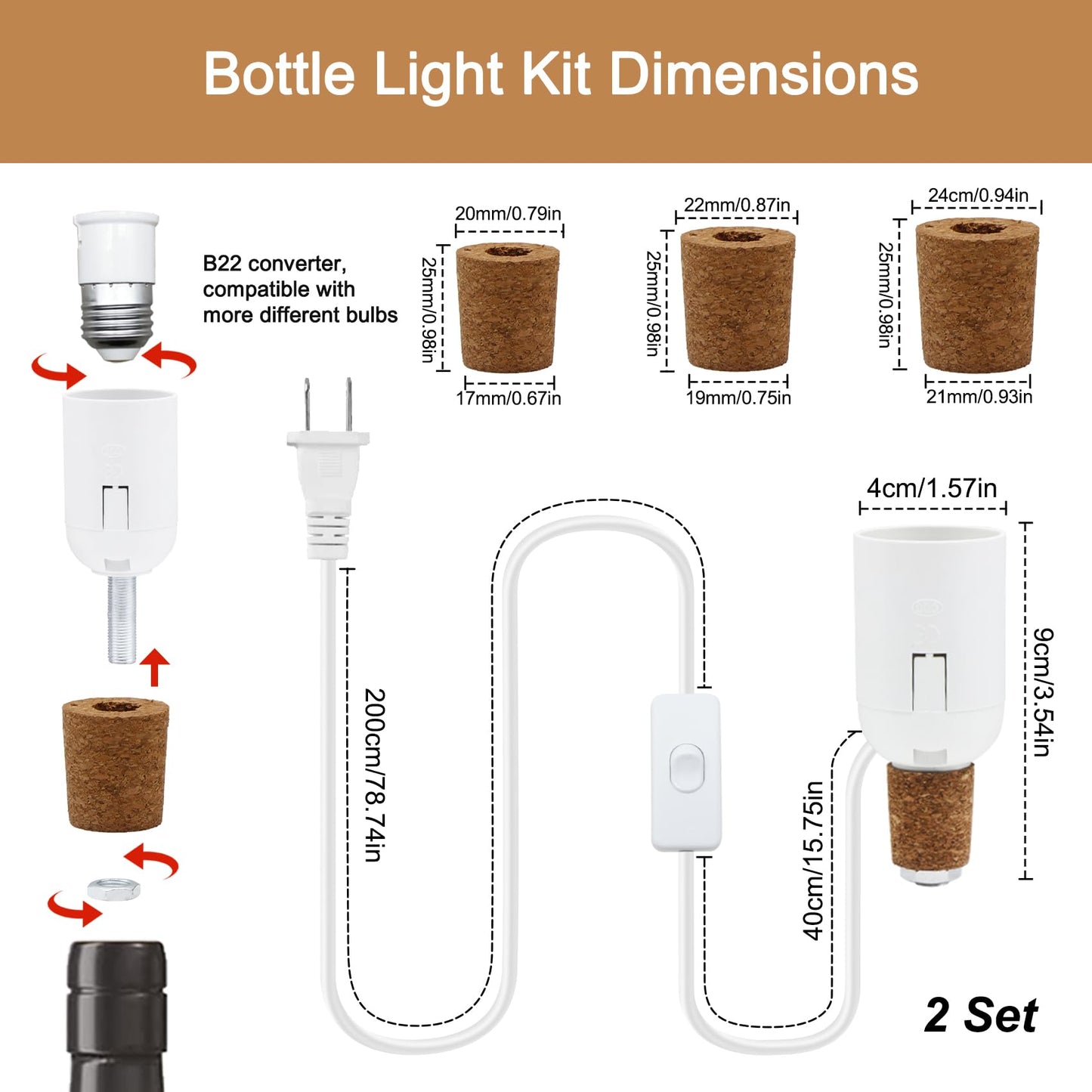 2 Pack Bottle Lamp Kits, 240cm Wine Bottle Table Lamp, DIY Lamp Fittings Kit for Table Lamp with E26/E27 to B22 Converter 3 Sizes of Corks No Drilling (No Bulb)