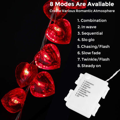 Luditek 50 LED Diamond Cut Red Heart Twinkle Fairy String Lights, 8 Lighting Modes with Timer for Valentines Weddings