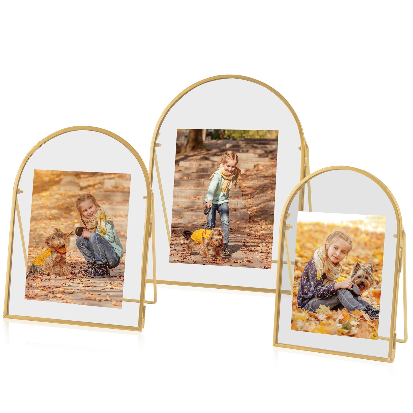 Jajamy Set of 3 Gold Floating Picture Frame, 4x6, 5x7, 6x8 Arched Glass Floating Frames, Vintage Brass Gold Picture Frame for Artwork Photos Tabletop Display