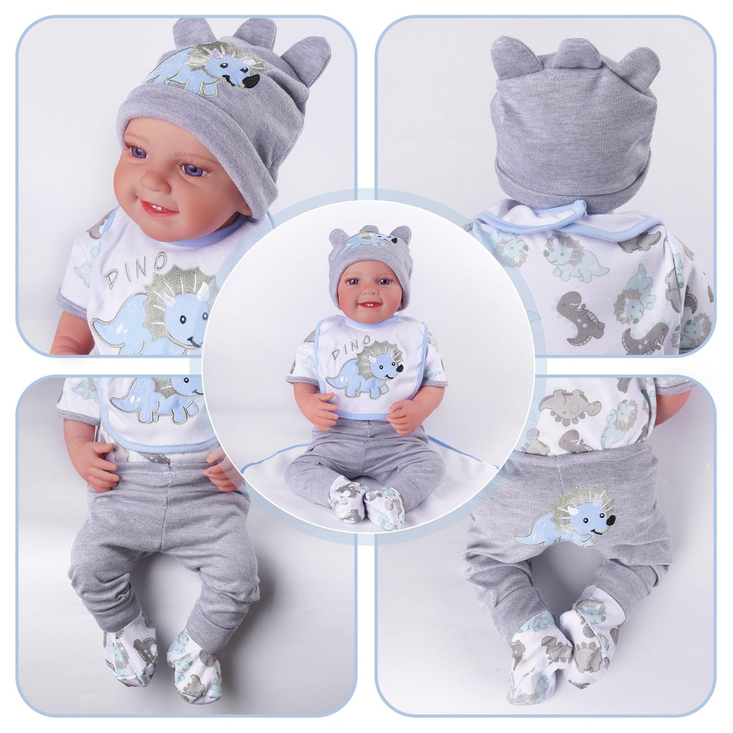 BABESIDE 6 Pcs Reborn Baby Doll Clothes for 17-22 Inch Babydolls, Dinosaurs Pattern Lifelike Reborn Baby Doll Accessories with Hat Bib and Socks for Realistic Baby Dolls Boy & Girl