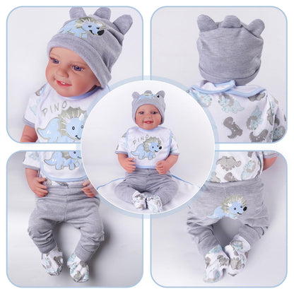 BABESIDE 6 Pcs Reborn Baby Doll Clothes for 17-22 Inch Babydolls, Dinosaurs Pattern Lifelike Reborn Baby Doll Accessories with Hat Bib and Socks for Realistic Baby Dolls Boy & Girl