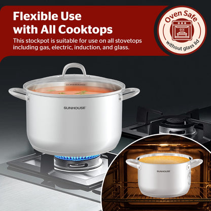 SUNHOUSE Stainless Steel Stock Pot - 16 Quart Heavy-Duty Induction Cooking Pot with Visible Lid for Pasta, Soup, Spaghetti - Nonstick Thick-Bottom Deep Stockpot for Canning, Boiling, and Simmering