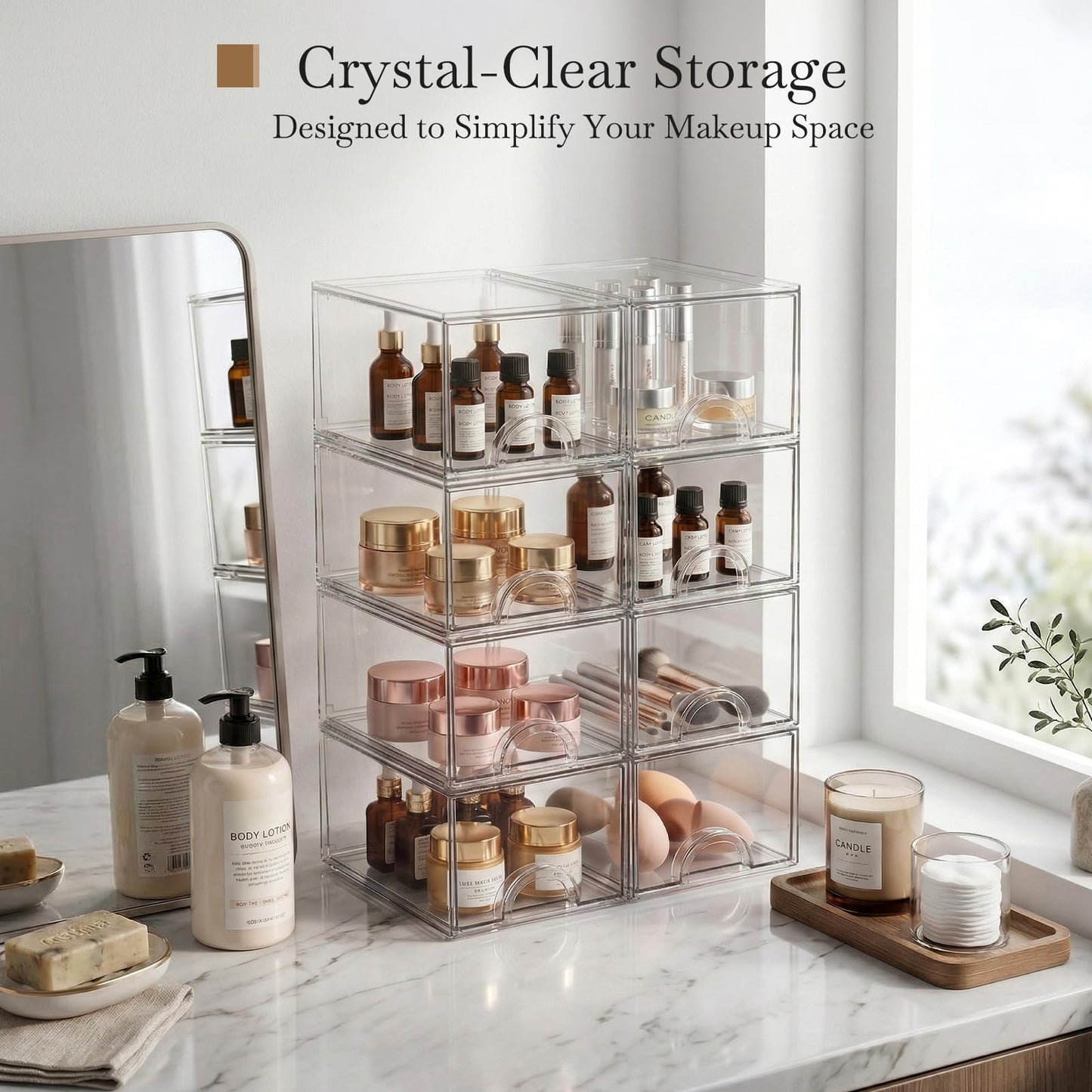 Zeawec 8 Pack Small Clear Stackable Acrylic Storage Boxes for Art Tool & Sketch, Storage Drawers, Storage Organizer, Clear Plastic Makeup Organizer, Ideal for Vanity, Cabinet, Desk Organization