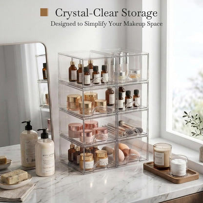 Zeawec 8 Pack Small Clear Stackable Acrylic Storage Boxes for Art Tool & Sketch, Storage Drawers, Storage Organizer, Clear Plastic Makeup Organizer, Ideal for Vanity, Cabinet, Desk Organization