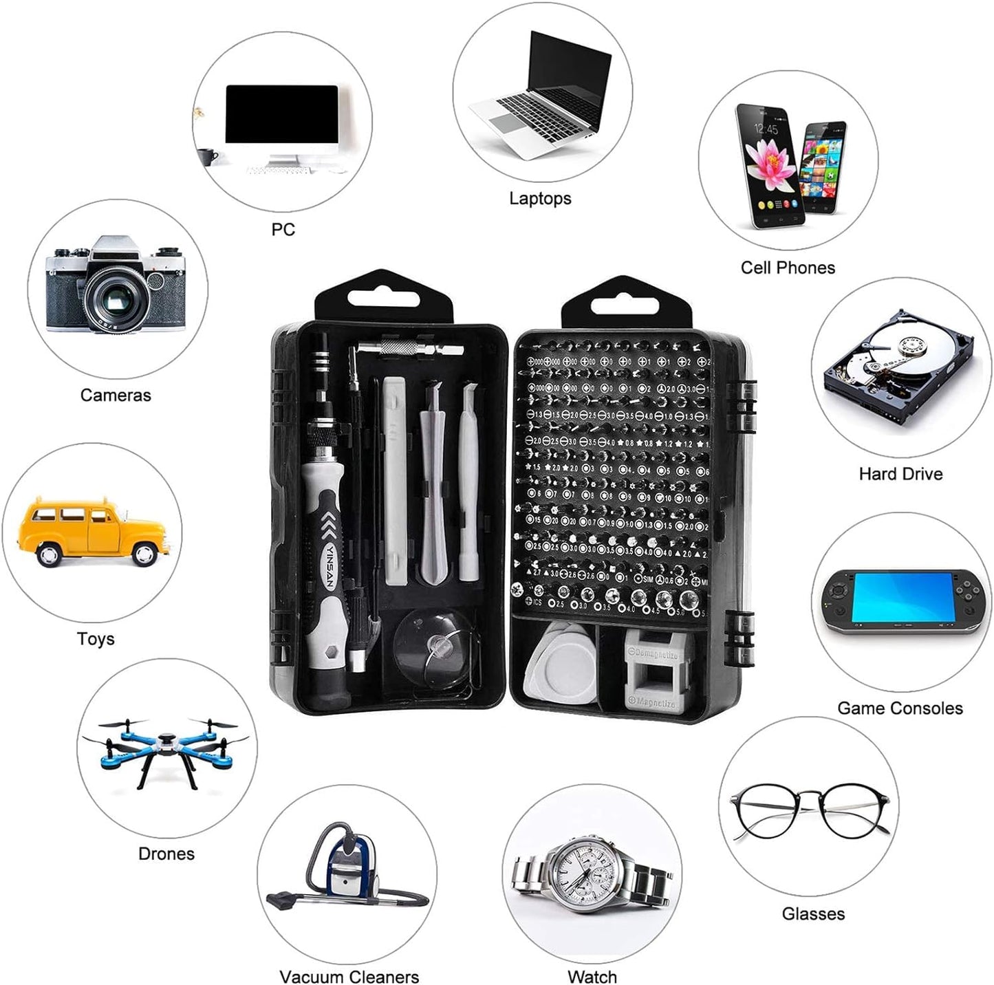 YINSAN Precision Screwdriver Set, Electronics Repair Tool Kit Micro Magnetic Bit for iPhone, Computer, PC, Laptop, Phone, Mac, Tablet, Home DIY, Game Consoles, Glasses, Watch, Doorbell, 120 in 1 Black