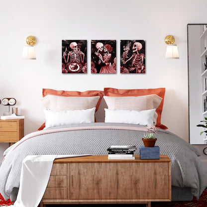 FuShvre Gothic Wall Art Skeleton Pictures Painting Canvas Red Moody Romantic Home Kitchen Restaurant Wall Decor Framed 12x16 inches each (Red)
