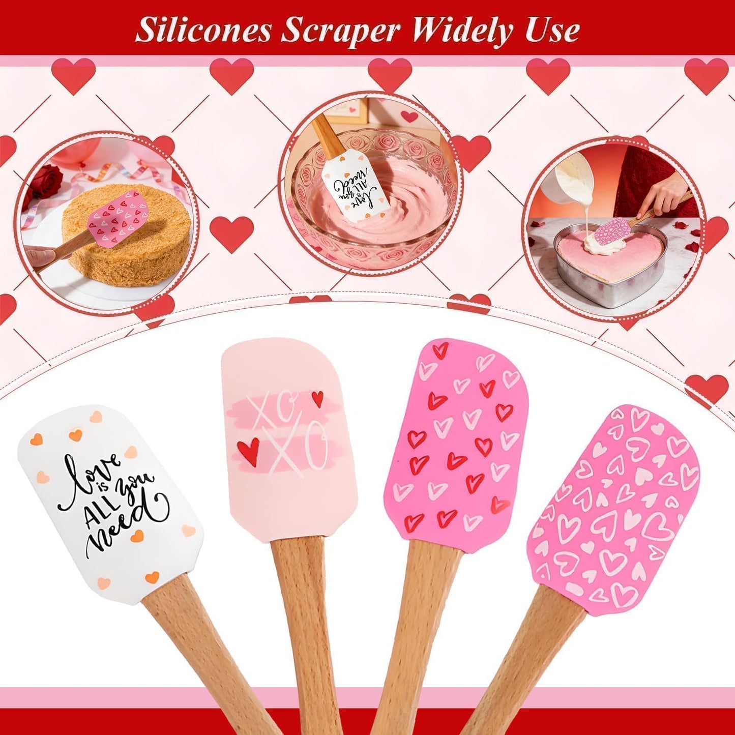 4PCS Valentine Baking Spatula Set,Non-Stick Cake Scraper Cream Spatulas,Valentine Patter Silicone Scraper Heat Resistant Holiday Pastry Spatulas Baking Essentials for Cooking,Sauteing and Mixing