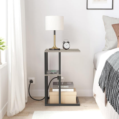 V1TB01BG043 TUTOTAK C Shaped End Table with Charging Station, Side Table for Small Spaces, Living Room, Bedroom