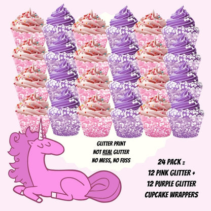 Andaz Press Party Cupcake Wrapper Decorations, Faux Pink and Lavender Purple Glitter, 24-Pack, Magical Unicorn Princess