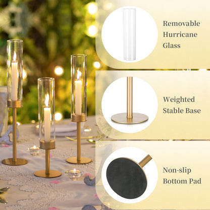 Hewory Gold Candle Holders - 6Pcs Brass Hurricane Candlestick Holders with Glass Candle Cover for Wedding Table Centerpiece Christmas Decor