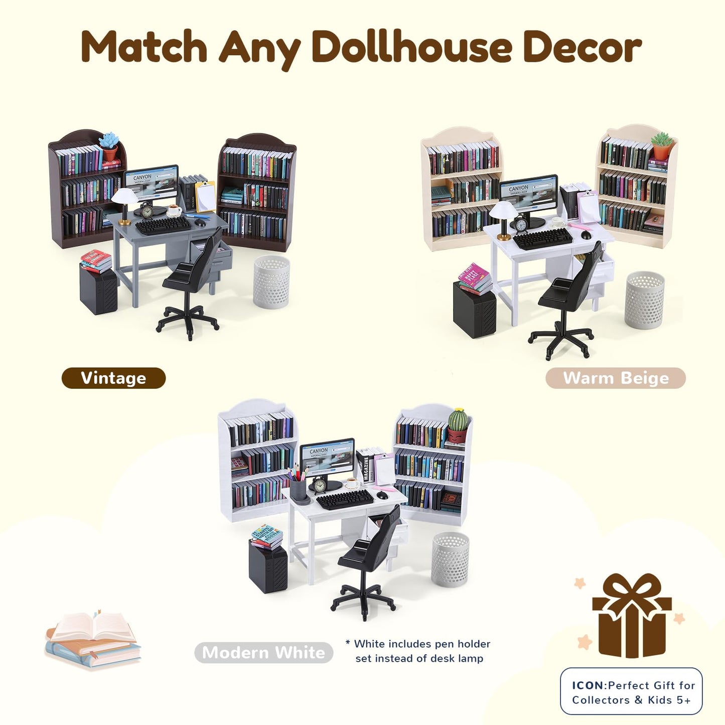 1:12 Scale Mini Desk Set with 100 Mini Books & 2 Bookshelves — Miniature Dollhouse Furniture Set with Office Chair, Computer & 15+ Accessories — Mini Desk Accessories for Doll House Diorama