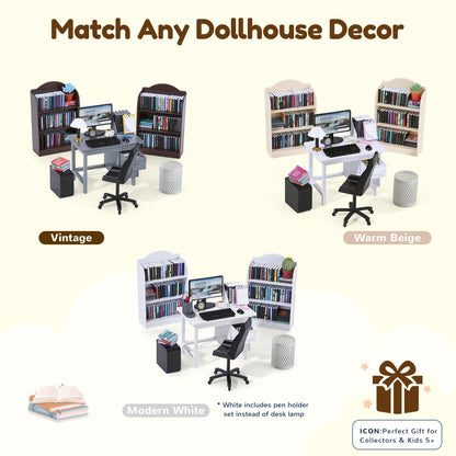 1:12 Scale Mini Desk Set with 100 Mini Books & 2 Bookshelves — Miniature Dollhouse Furniture Set with Office Chair, Computer & 15+ Accessories — Mini Desk Accessories for Doll House Diorama