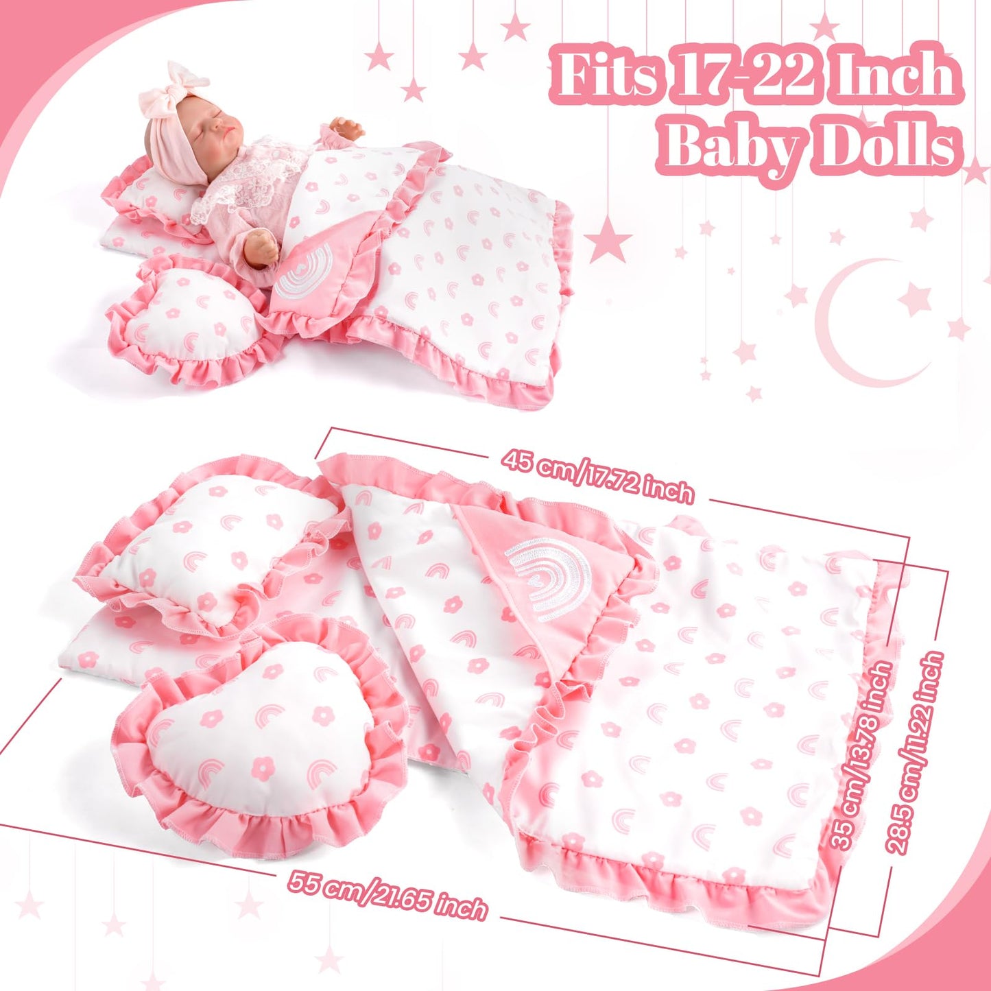BABESIDE 4 Pcs Baby Doll Bedding Set for 17-22 Inch Babydolls, Babydoll Bed Accessories Dolls Blankets with Pillows for Reborn Baby Doll Accessories, Pink Flower & Rainbow Patterns