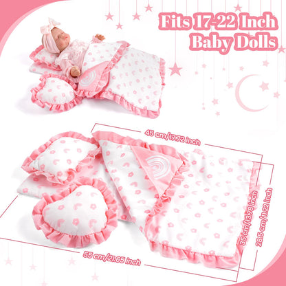 BABESIDE 4 Pcs Baby Doll Bedding Set for 17-22 Inch Babydolls, Babydoll Bed Accessories Dolls Blankets with Pillows for Reborn Baby Doll Accessories, Pink Flower & Rainbow Patterns