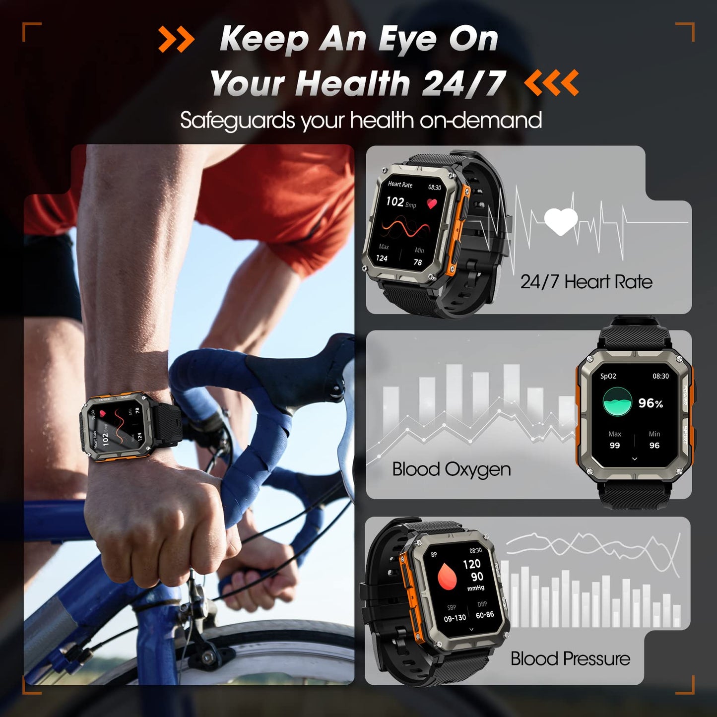 Military Smart Watch for Men with Blood Pressure (Answer/Make Call), Rugged Tactical Smartwatch for Android and iPhone, 10 ATM Waterproof Outdoor Sports Fitness Tracker with Heart Rate, Sleep Monitor