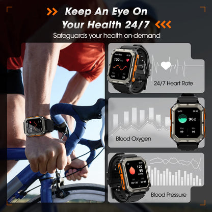 Military Smart Watch for Men with Blood Pressure (Answer/Make Call), Rugged Tactical Smartwatch for Android and iPhone, 10 ATM Waterproof Outdoor Sports Fitness Tracker with Heart Rate, Sleep Monitor