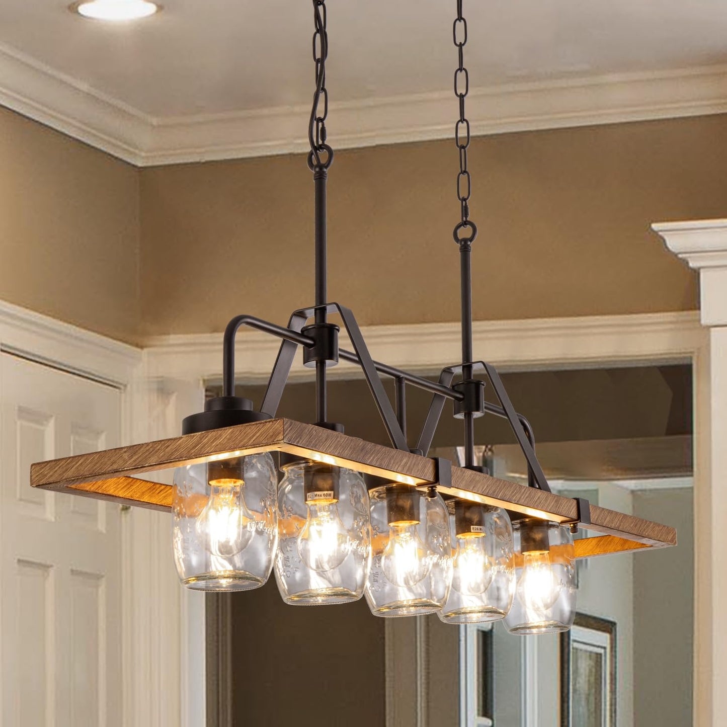 Wellmet Kitchen Island Chandelier, Mason Jar Pendant Light Dining Room, 5-Light Wooden Paint Pendant Light for Living Room, Dining Table, Kitchen, Hallway, Restaurant, 39.3''W