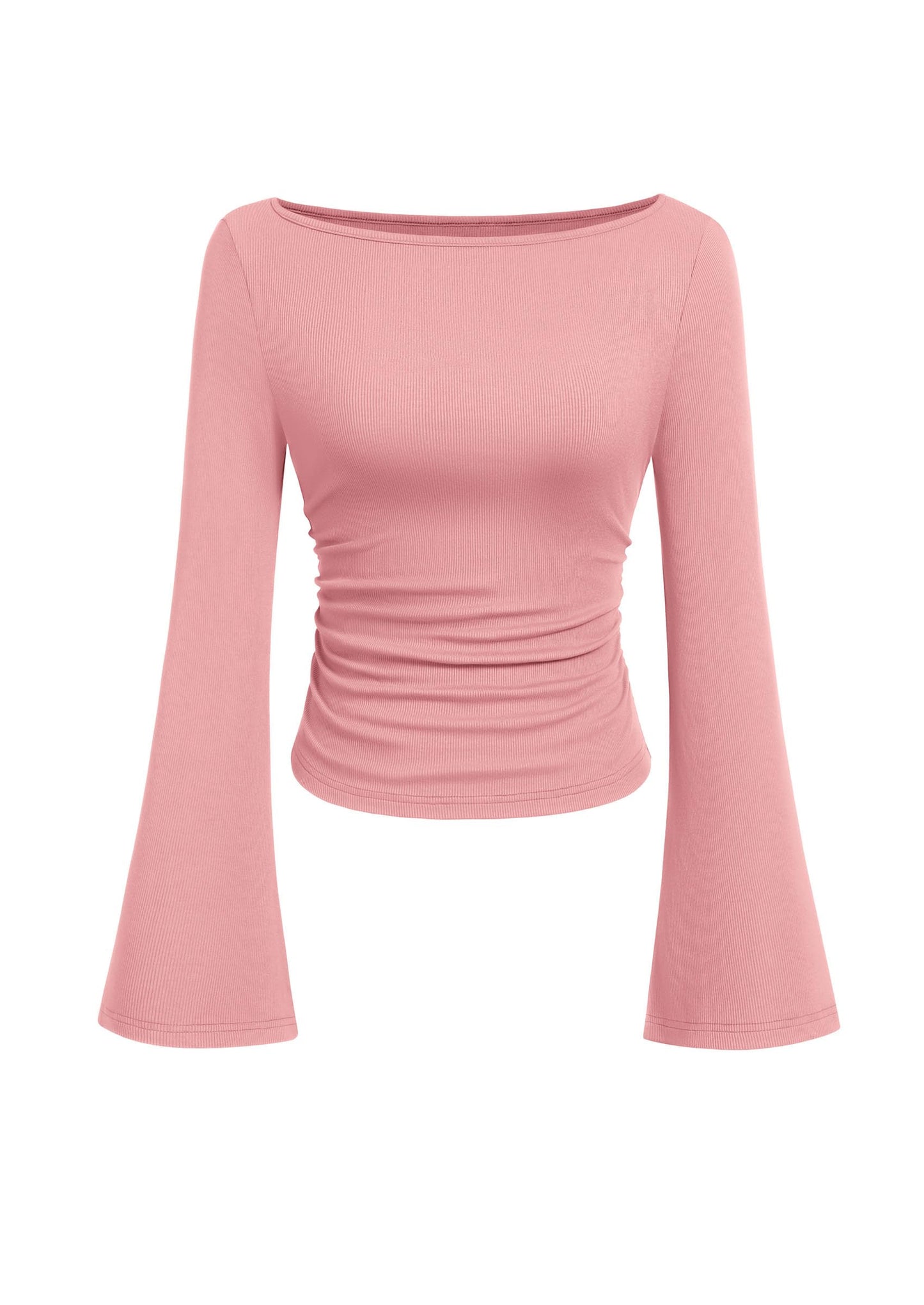 PRETTYGARDEN Women's Long Sleeve Shirts 2025 Fall Crop Going Out Tops Casual Boat Neck Bell Sleeve Ribbed Ruched Y2K Clothes