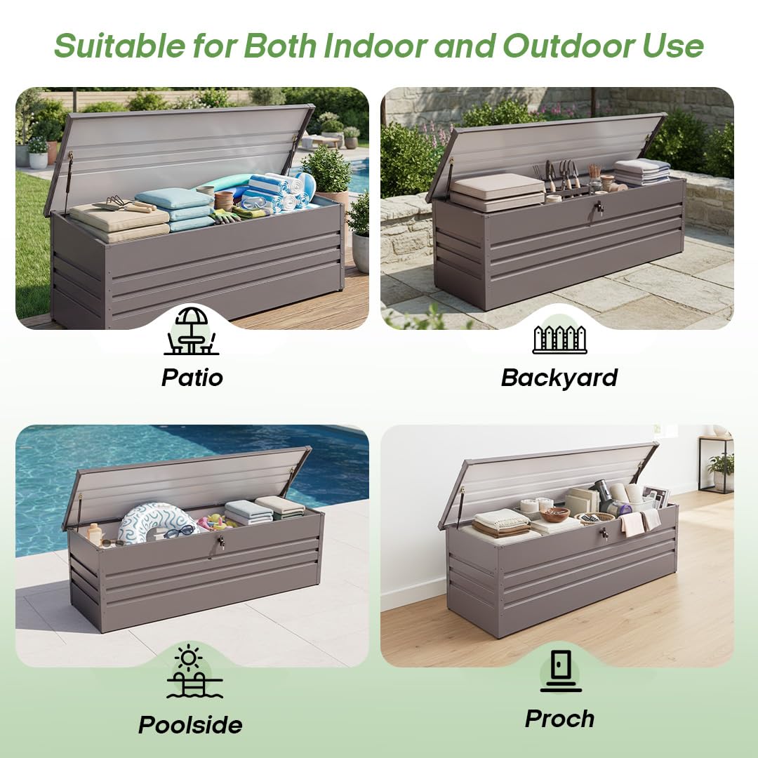 Zolyndo 260 Gallon Metal Deck Box, Extra Large Metal Patio Outdoor Storage Box with Lockable Lid, Waterproof Garden Storage for Cushions Pool Accessories Tools Light Gray