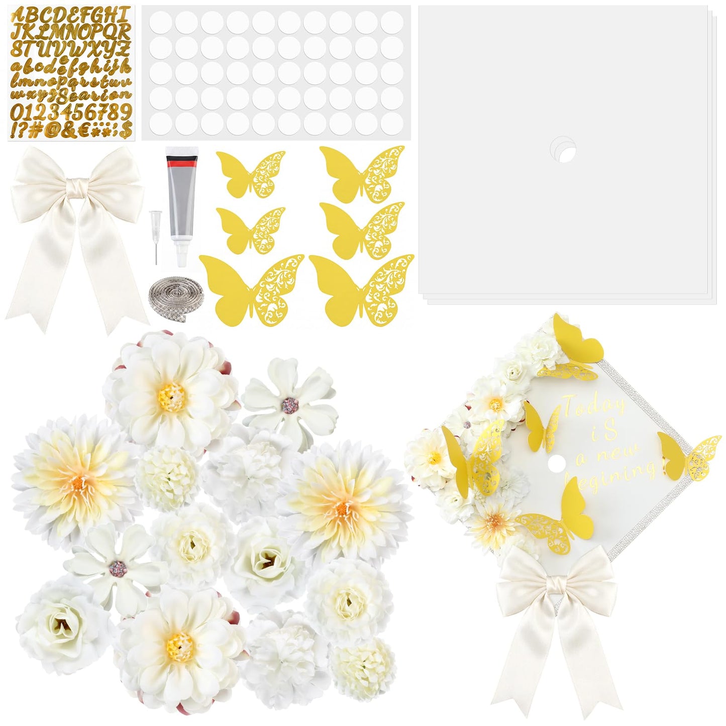 Vicenpal 29 Pcs Graduation Cap Decorations Kit DIY Grad Construction Paper with Artificial Flower Pearl Rhinestone Ribbon 3D Butterfly Alphabet Letter Stickers Satin Bow for Grad Cap DIY(Cream)