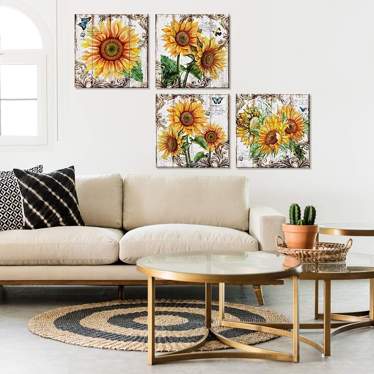 Sunflower Wall Art Bathroom Decor - Rustic Kitchen Yellow Flower Canvas Prints, 12x12" 4Pcs