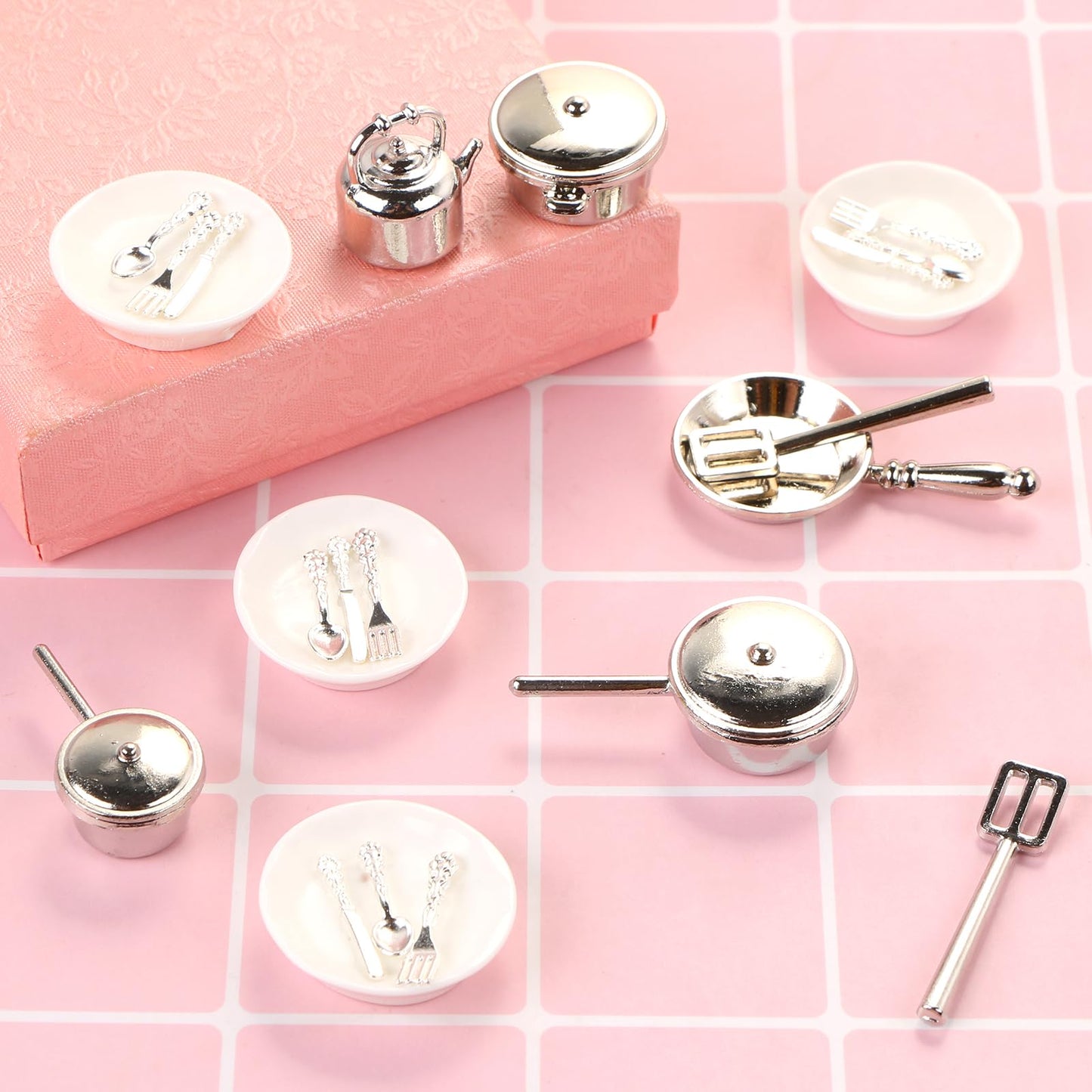 26 Pieces Dollhouse Miniatures Kitchen Set Metal Miniature Baking Set Include Mini Pots Mini Pans Plates Knife Fork Spoon for Dollhouse Party Decoration Supplies