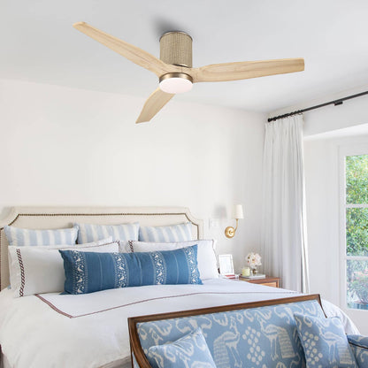 LEDLUX 52" Ceiling Fan with Light - Low Profile Flush Mount Ceiling Fan, 6-Speed Remote Control, Solid Wood, Quiet Reversible DC Motor, Boho Style, for Bedroom, Living Room, Porch, Light Oak/Gold