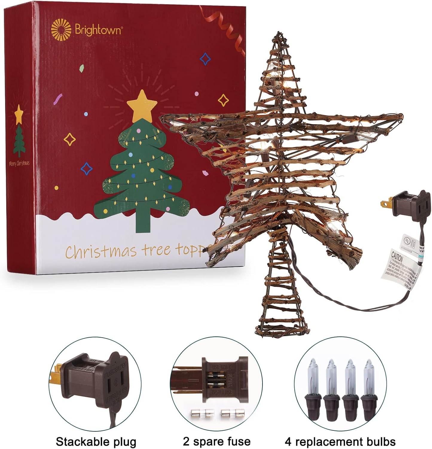 Rattan 3D Star Tree Topper, 12" Rustic Rattan Star with Built-in 10-Bulb String Lights for Christmas Decoration