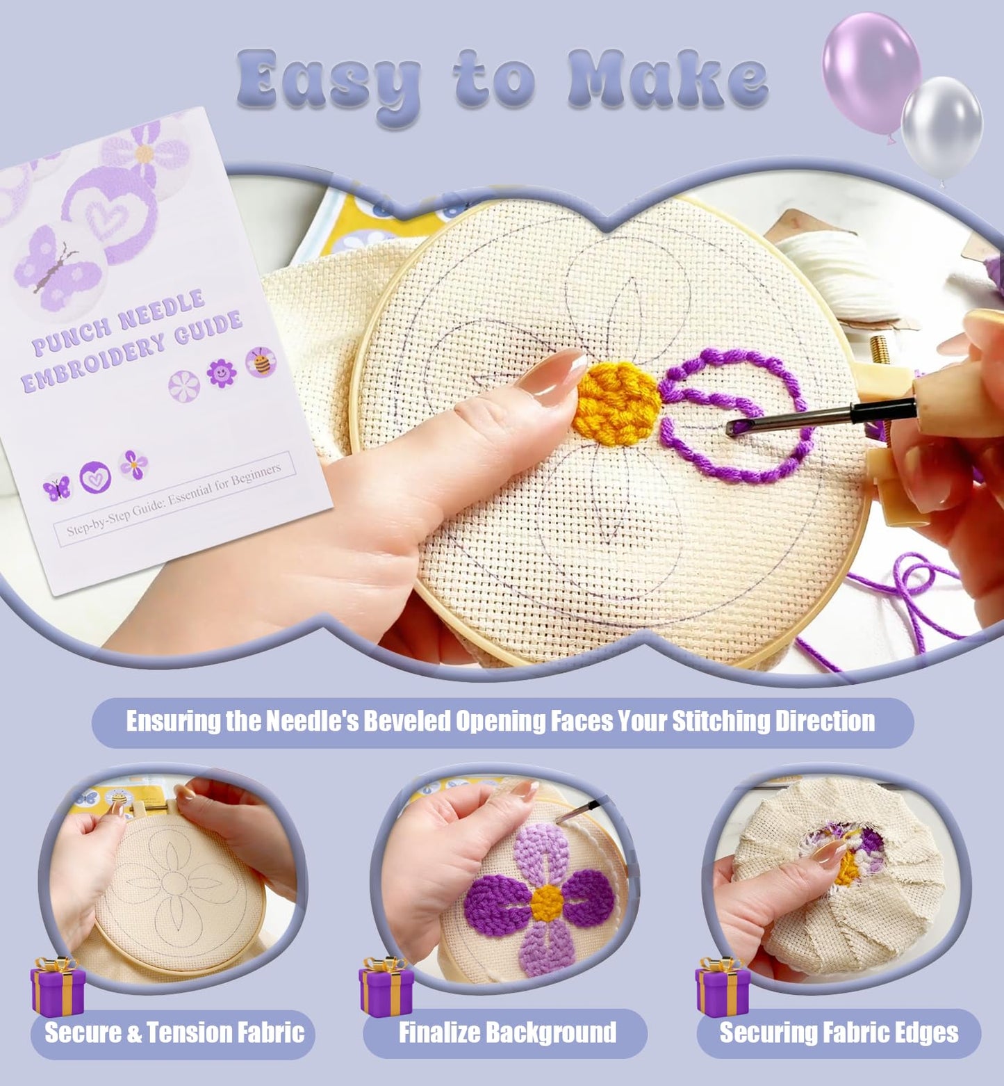 Nuoviyiya Punch Needle Kit for Adults Beginner - Complete Punch Stitching Kits with 6 Patterned Fabrics, Felt, Yarns, Tools and Instructions - Easy Embroidery Coaster Kit for Craft Enthusiasts