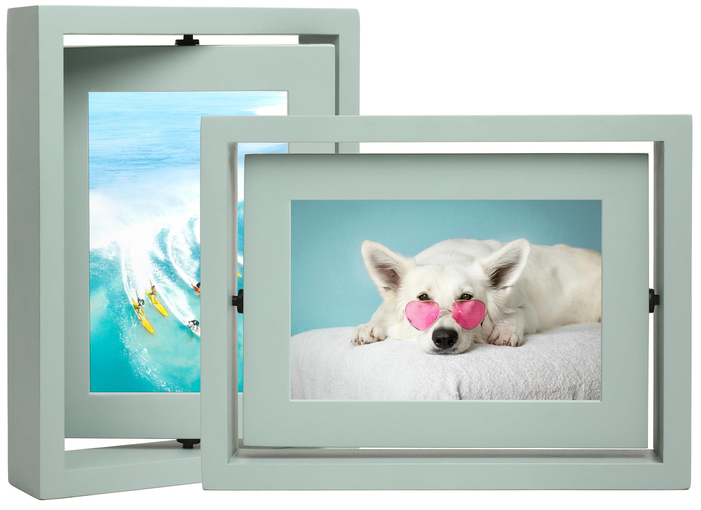 VAUWINEK 4x6 Double-Sided Rotating Floating Picture Frames (2 Pack, Teal Blue), Solid Pine Wood with Real Glass for Horizontal Vertical Standing Display Desk Tabletop Photo Frames