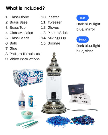 KRAFTSTORIES DIY Turkish Mosaic Lamp Kit – Create Your Own Colorful Glass Table Lamp | Handmade Arts & Crafts Kit for Adults | Moroccan Boho Unique Gift Idea, Includes All Materials (Blue)