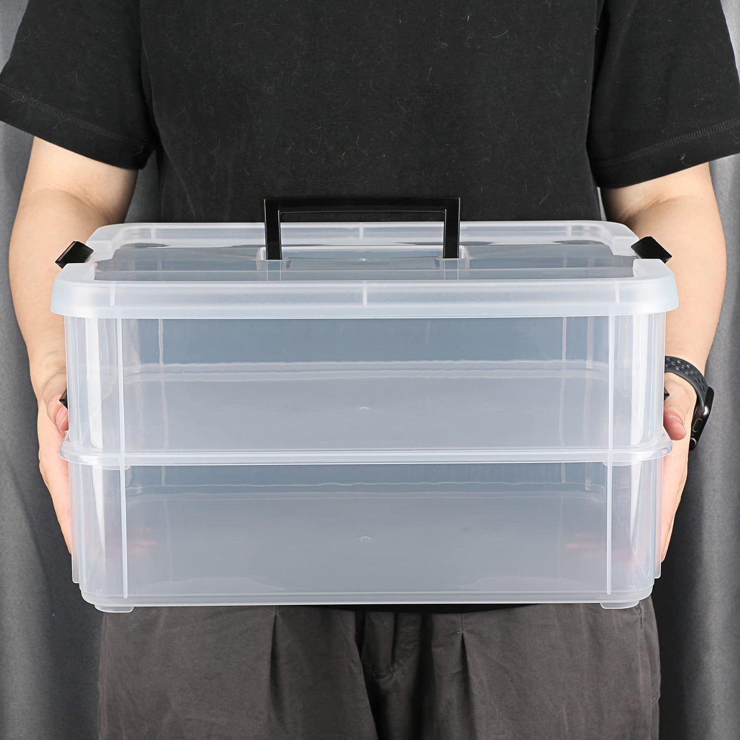 BTSKY 2 Layer Stack & Carry Box, Plastic Multipurpose Portable Storage Container Box Handled Organizer Storage Box for Organizing Stationery, Sewing, Art Craft, Jewelry and Beauty Supplies Black