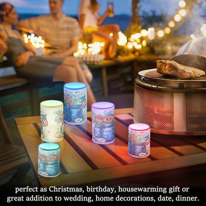 Patriotic Red Blue Flowers Vase American Flag5 Flickering Flameless Candles Battery Operated with Remote Timer,Tea Light Candles LED Pillar Votive Candles set of 2 for Outdoor Indoor Decorations