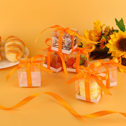 Hxezoc 50 Pack Favor Boxes 2x2x2 Inches Clear Candy Treat Boxes with Orange Ribbons, Mini Plastic Gift for Wedding, Birthday Party, Baby Shower, Classroom Decoration Supplies